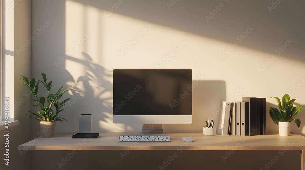 A minimalist office featuring a floating desk with nothing but a keyboard and monitor, creating a clean, modern aesthetic, photographed in portrait composition. A minimalist office featuring a floating desk with nothing but a keyboard and monitor, creating a clean, modern aesthetic, photographed in portrait composition.