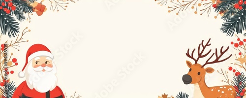 Christmas frame with Santa Claus and reindeer, flat design illustration