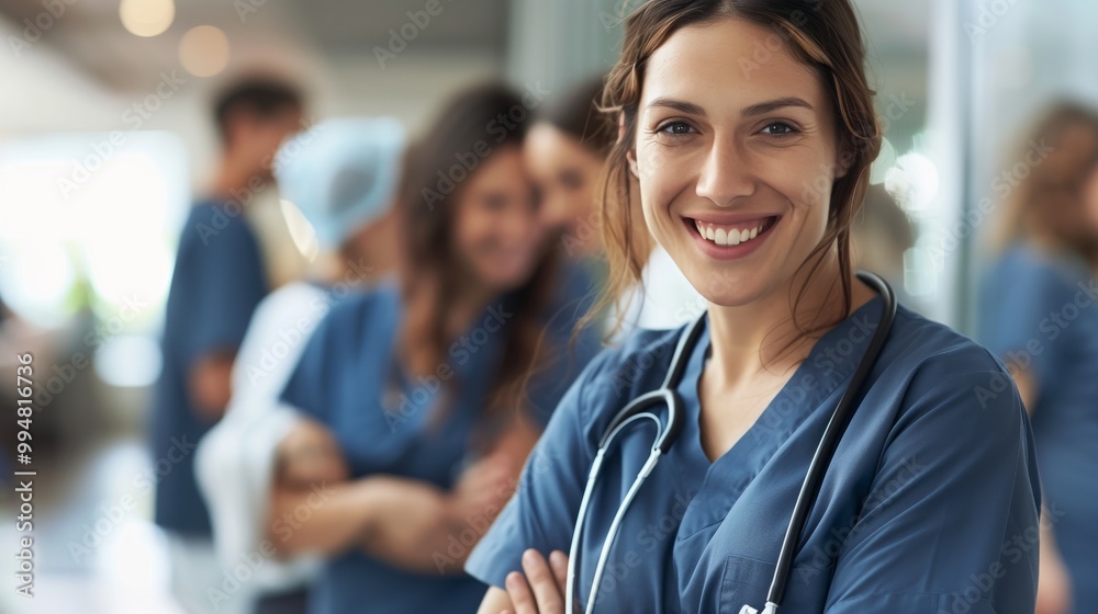Confident Female Nurse in Hospital Setting with Colleagues in Background Confident Female Nurse in Hospital Setting with Colleagues in Background