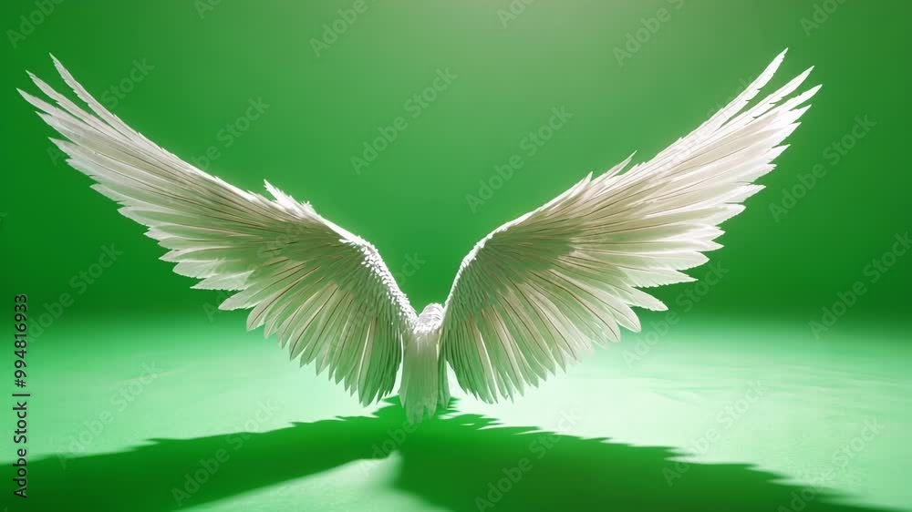Photorealistic 3d rendering of a pair of white angel wings casting a shadow on a vibrant green screen background, perfect for compositing and visual effects