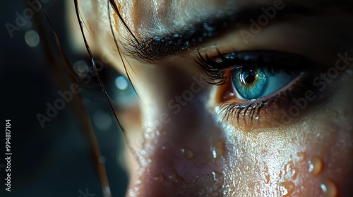 Close-up of a tear-stained face, ache, deep sadness or grief photo