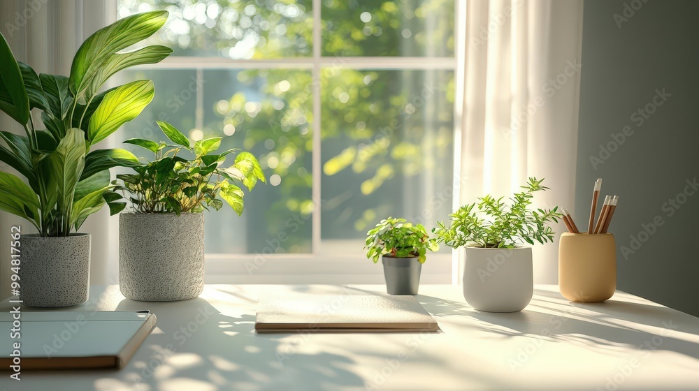 Daylit home office with minimalist white furniture and small, vibrant plants on the desk, Home Office with Plants, Fresh, Clean Design Daylit home office with minimalist white furniture and small, vibrant plants on the desk, Home Office with Plants, Fresh, Clean Design