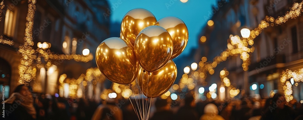 Fototapeta premium Golden 2025 balloons floating among a crowd, New Year's Eve, new year symbol
