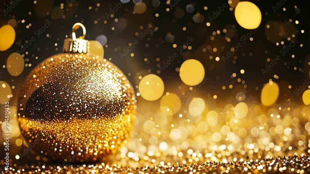 A glittering gold Christmas ornament sits in front of a background of twinkling lights