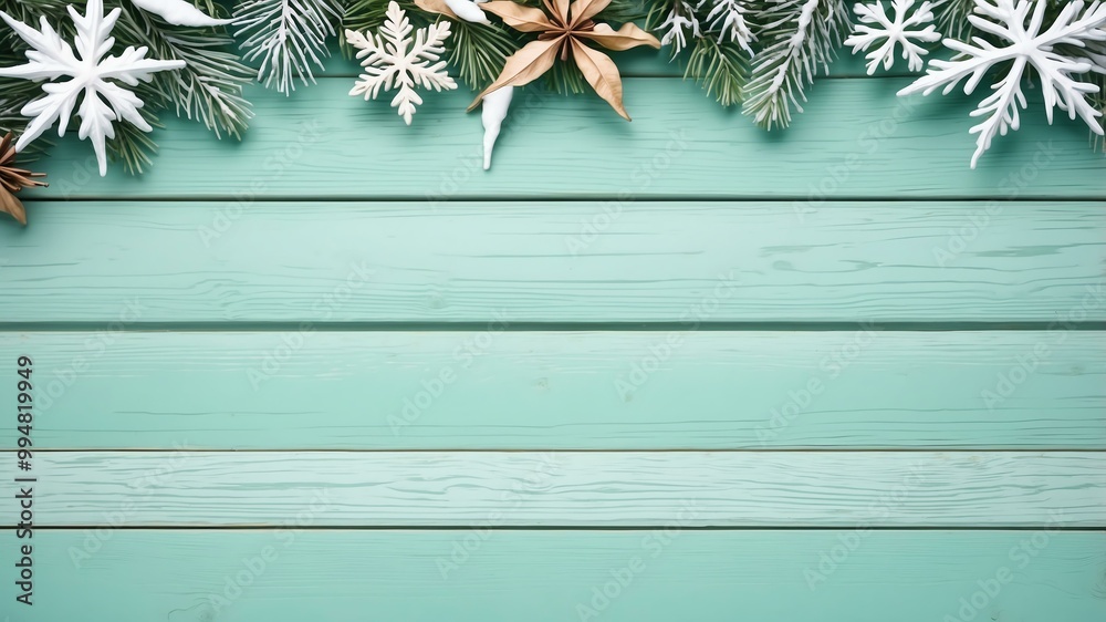 winter themed border frame on rustic pastel green wooden background, full image winter themed border frame on rustic pastel green wooden background, full image