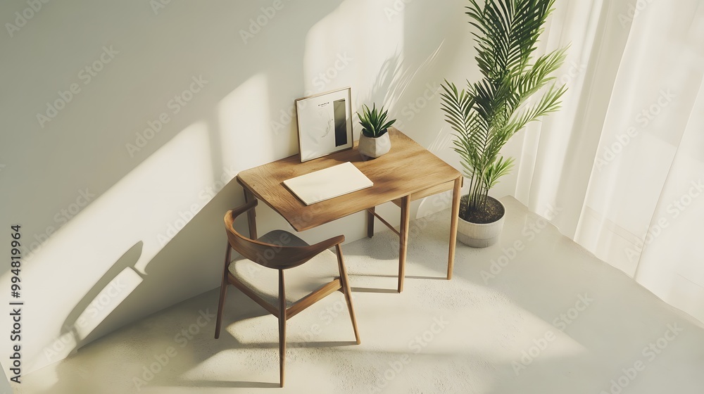 A minimalist desk setup with a wooden chair and a small potted plant, viewed from a birds-eye angle, creating a cozy and calm indoor workspace. A minimalist desk setup with a wooden chair and a small potted plant, viewed from a birds-eye angle, creating a cozy and calm indoor workspace.