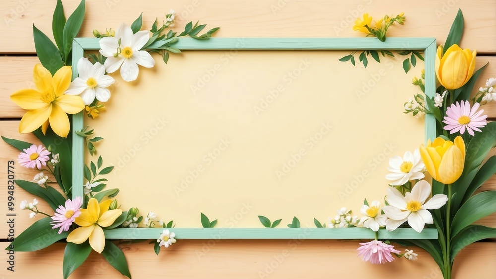 spring themed border frame on rustic pastel yellow wooden background, full image spring themed border frame on rustic pastel yellow wooden background, full image