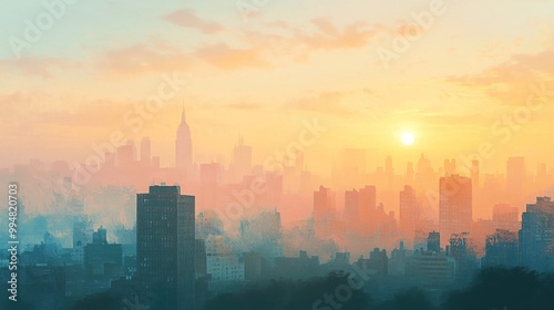 A beautiful sunset cityscape with a hazy skyline and warm colors.