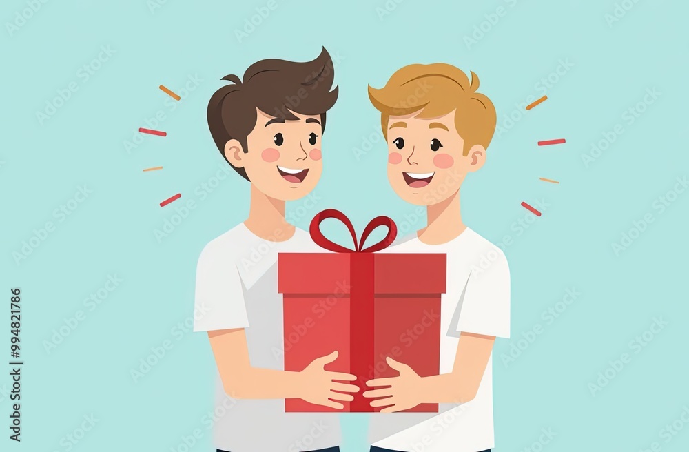 Happy smiling handsome male couple in white t-shirts hold with two hands big red gift box with ribbon in blue background. Anniversary celebration concept. Happy smiling handsome male couple in white t-shirts hold with two hands big red gift box with ribbon in blue background. Anniversary celebration concept.