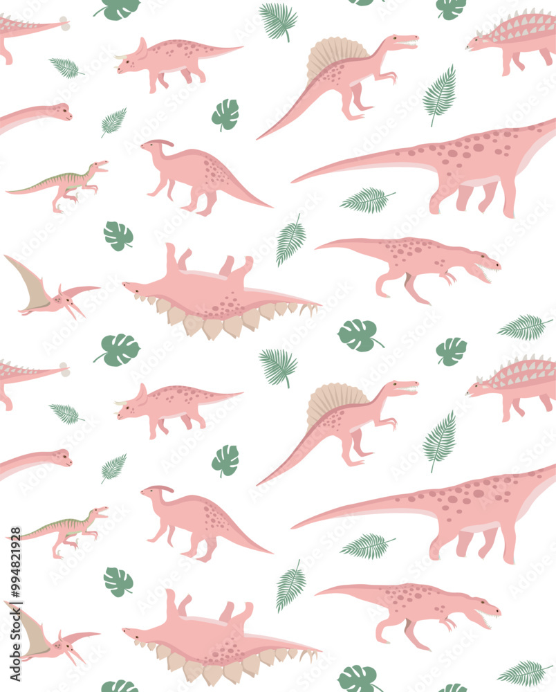 Vector seamless pattern of pink hand drawn flat dinosaur isolated on white background Vector seamless pattern of pink hand drawn flat dinosaur isolated on white background