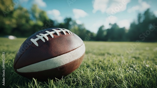 American Football on Green Grass Field with Blurred Background