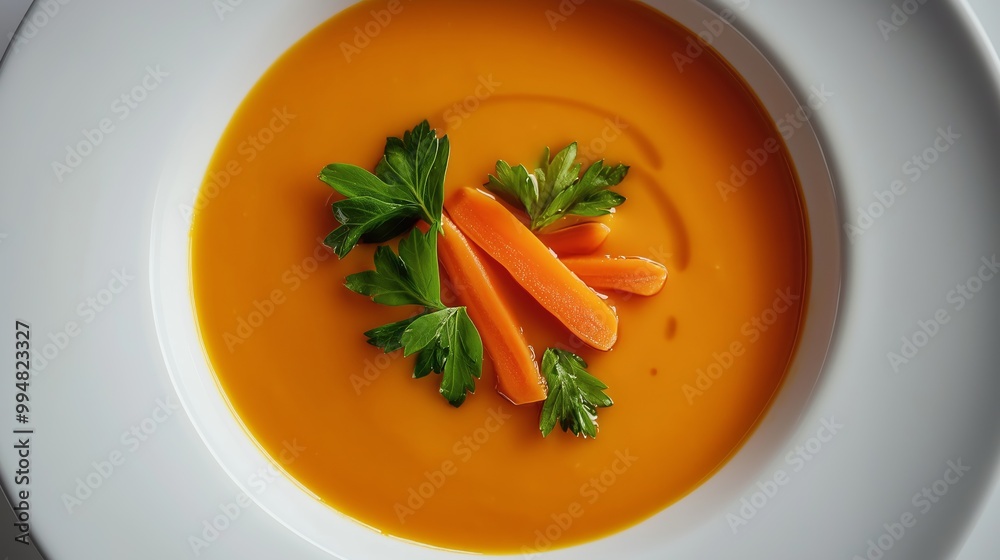 Creamy carrot soup with parsley and carrot slices, elegantly presented on a white plate.