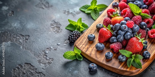 A Vibrant Medley of Fresh Berries on a Wooden Cutting Board, Enhanced by Aromatic Mint Leaves, Ready for a Sweet and Healthy Treat