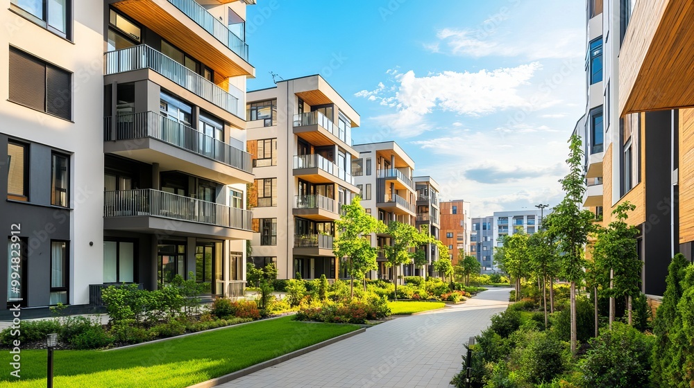Contemporary apartment building in a green space. apartment building with flat buildings on the outside. elegant residential complex. Condo architecture, a portion of city real estate. Contemporary apartment building in a green space. apartment building with flat buildings on the outside. elegant residential complex. Condo architecture, a portion of city real estate.