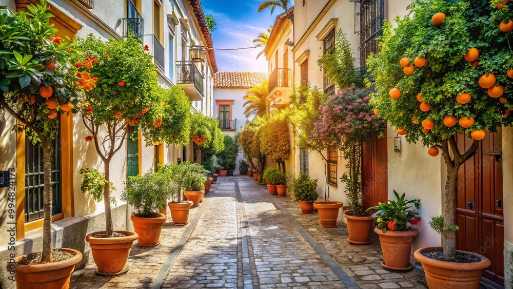 A sun-drenched alleyway lined with vibrant orange trees and potted plants, casting a warm glow on the cobblestone path. A sun-drenched alleyway lined with vibrant orange trees and potted plants, casting a warm glow on the cobblestone path.