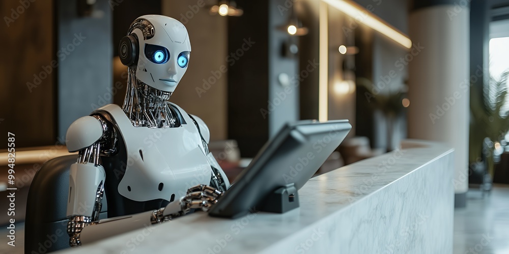 Fototapeta premium Futuristic robot receptionist working on a tablet in a modern hotel lobby