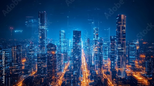 Nighttime view of a technologically advanced city with sleek, illuminated skyscrapers. Premium background for the latest technology needs. 