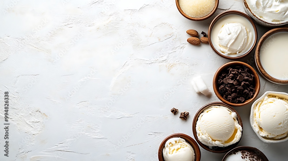 A beautiful collection of ingredients for making ice cream, including milk, cream, and sugar, arranged neatly with space for text A beautiful collection of ingredients for making ice cream, including milk, cream, and sugar, arranged neatly with space for text