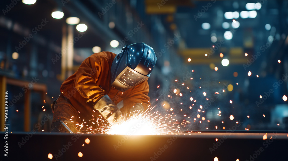 A worker using welding torch in steel factory creates bright sparks, showcasing intensity and skill involved in metal fabrication. environment is industrial and dynamic A worker using welding torch in steel factory creates bright sparks, showcasing intensity and skill involved in metal fabrication. environment is industrial and dynamic