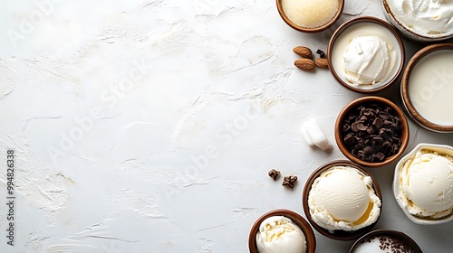 A beautiful collection of ingredients for making ice cream, including milk, cream, and sugar, arranged neatly with space for text