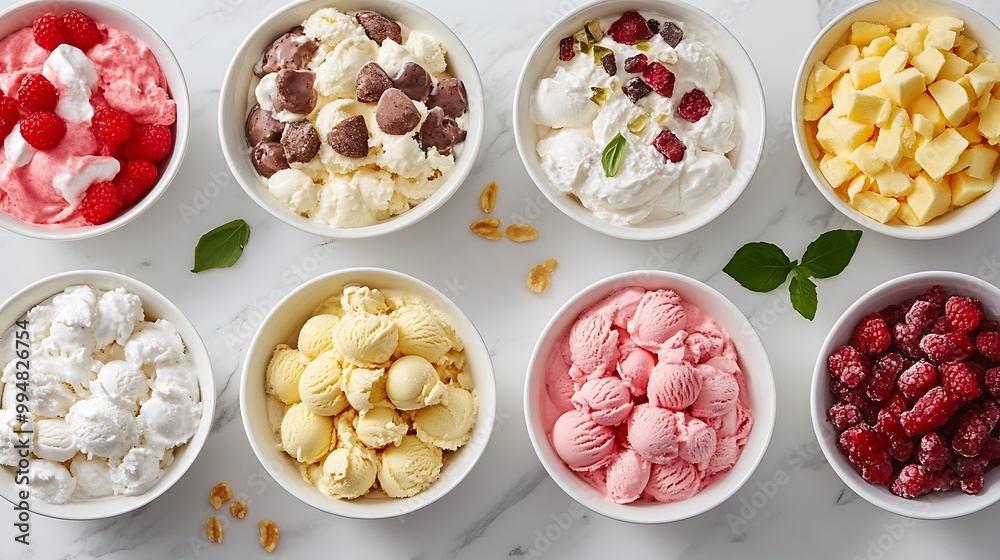 A clean layout featuring bowls of different ice cream flavors next to an assortment of toppings, with an open area for text A clean layout featuring bowls of different ice cream flavors next to an assortment of toppings, with an open area for text