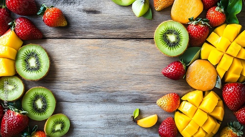 A colorful assortment of fresh fruits like strawberries, mangoes, and kiwis arranged on a rustic wooden table, with space for text photo