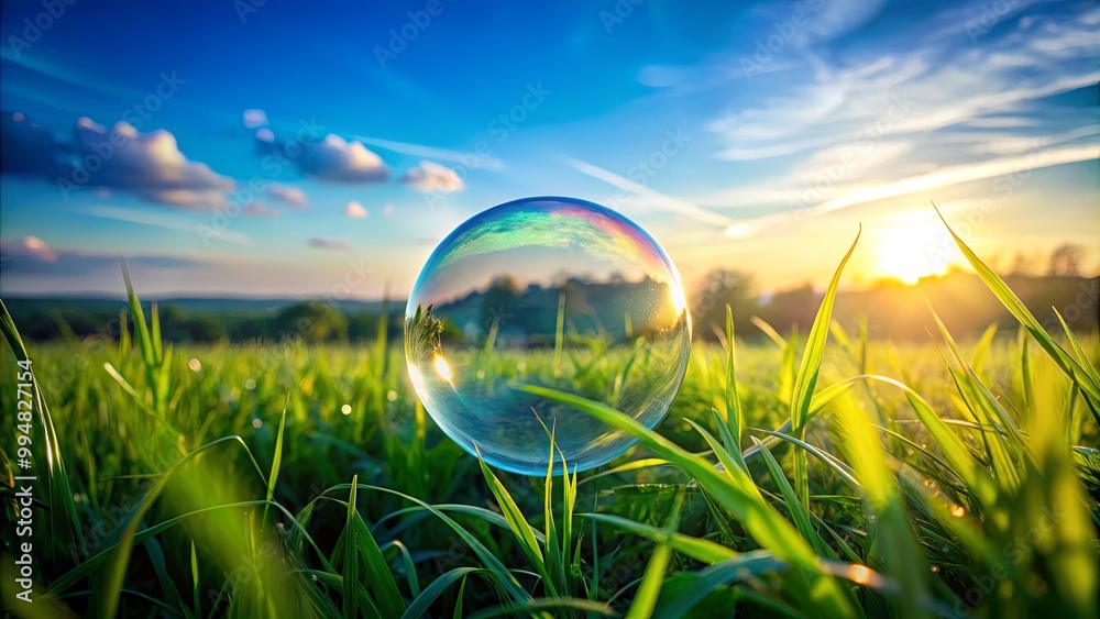 A single soap bubble floats in a field of green grass with the sun setting in the background, creating a beautiful and ethereal moment. A single soap bubble floats in a field of green grass with the sun setting in the background, creating a beautiful and ethereal moment.