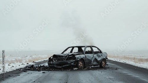 Smoking car wreckage by the roadside, pollution aftermath, lowangle shot, gray sky