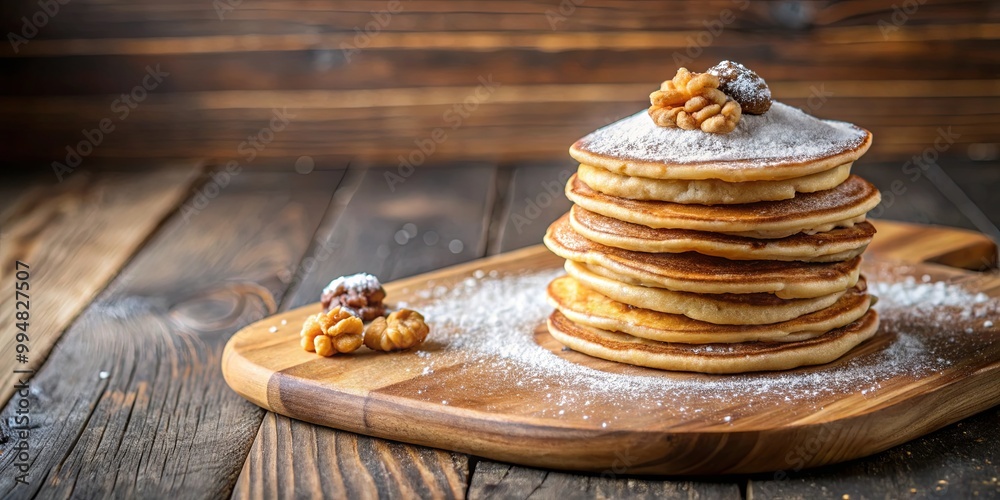 A Stack of Fluffy Pancakes Topped with Powdered Sugar and Walnuts on a Rustic Wooden Board A Stack of Fluffy Pancakes Topped with Powdered Sugar and Walnuts on a Rustic Wooden Board