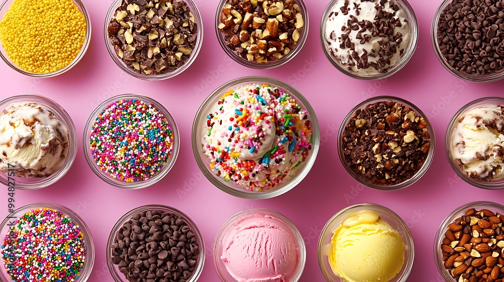 A vibrant setup featuring bowls of toppings such as nuts, chocolate chips, and sprinkles surrounding a central bowl of ice cream, with an area for text A vibrant setup featuring bowls of toppings such as nuts, chocolate chips, and sprinkles surrounding a central bowl of ice cream, with an area for text
