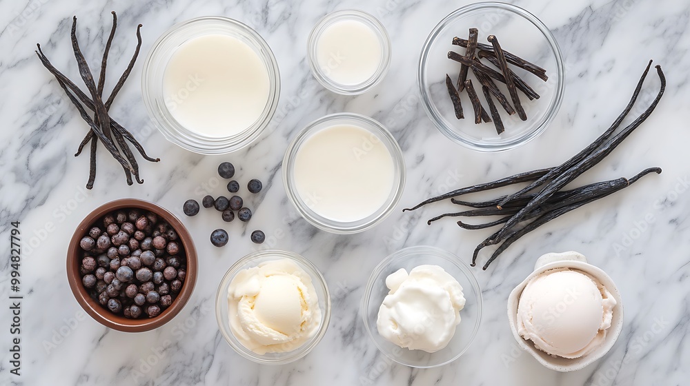 An elegant display of ice cream ingredients including milk, cream, and vanilla beans laid out on a marble countertop, leaving room for text An elegant display of ice cream ingredients including milk, cream, and vanilla beans laid out on a marble countertop, leaving room for text