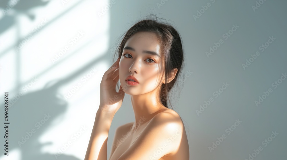 beautiful woman touching her face, with radiant glow skin and soft natural makeup against the backdrop of bright window light. beautiful woman touching her face, with radiant glow skin and soft natural makeup against the backdrop of bright window light.