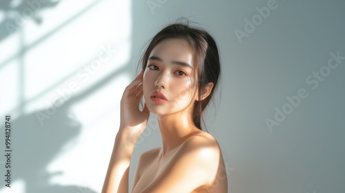 beautiful woman touching her face, with radiant glow skin and soft natural makeup against the backdrop of bright window light.