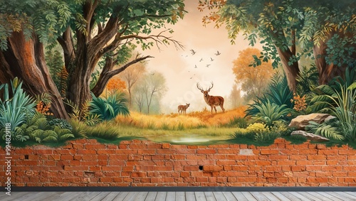 painted mural of nature scene on a rustic orange brick wall background, full image