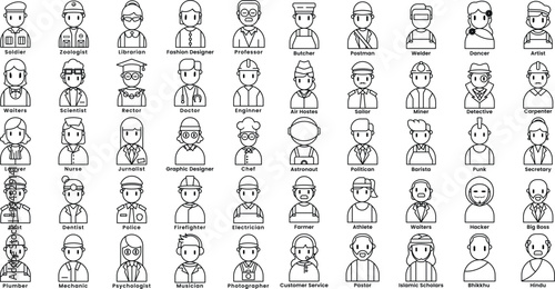 Set of 50 avatar profession work character outline design style, Editable vector stroke outline