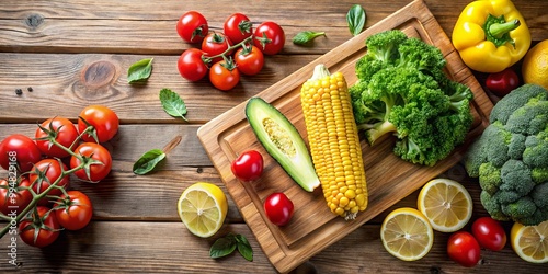 A vibrant selection of fresh produce including tomatoes, corn, broccoli, lemons, cucumbers, and bell peppers arranged on a wooden table