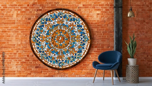 painted mural of mosaic design on a rustic orange brick wall background, full image
