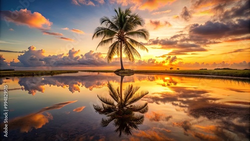 A solitary palm tree stands tall against a breathtaking sunrise, its reflection mirroring the vibrant hues of the sky in a tranquil lagoon.
