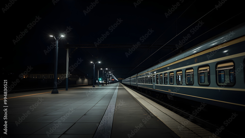 Nighttime Photo of an Empty Railway Station with a Single Illuminated Train and Minimalist Platform Design Nighttime Photo of an Empty Railway Station with a Single Illuminated Train and Minimalist Platform Design