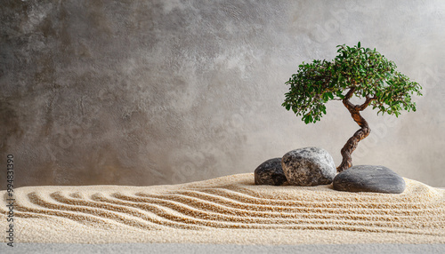 A minimalist scene of a Japanese rock garden with perfectly raked sand, smooth stones, and a bonsai tree