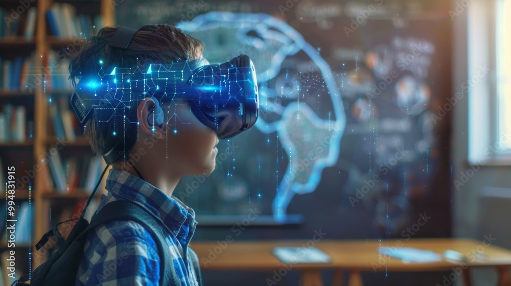 Young boy wearing VR headset in classroom, learning about world with immersive technology, future of education, metaverse, digital learning, virtual reality