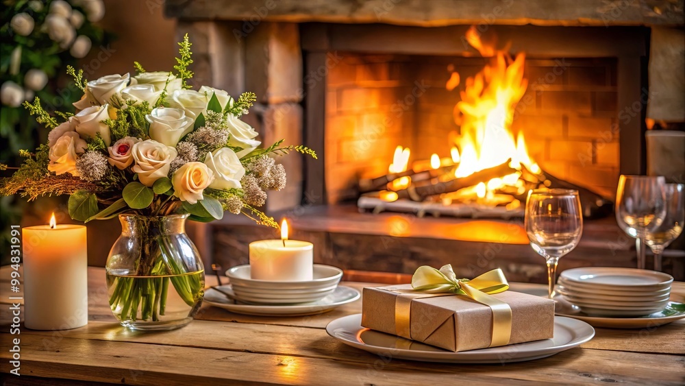 Warm and inviting fireplace setting with a bouquet of white roses, candles, and a wrapped gift on a wooden table Warm and inviting fireplace setting with a bouquet of white roses, candles, and a wrapped gift on a wooden table