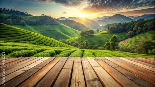 A wooden plank platform overlooking a picturesque tea plantation with rolling hills and a vibrant sunrise