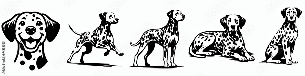 Set of Dalmatian vector silhouette illustration collection, black and white spotted dog breed clip art element design bundle