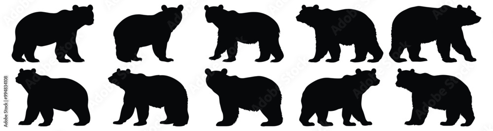 Fototapeta premium Polar bear silhouettes set, bear pack of vector silhouette design, isolated background.