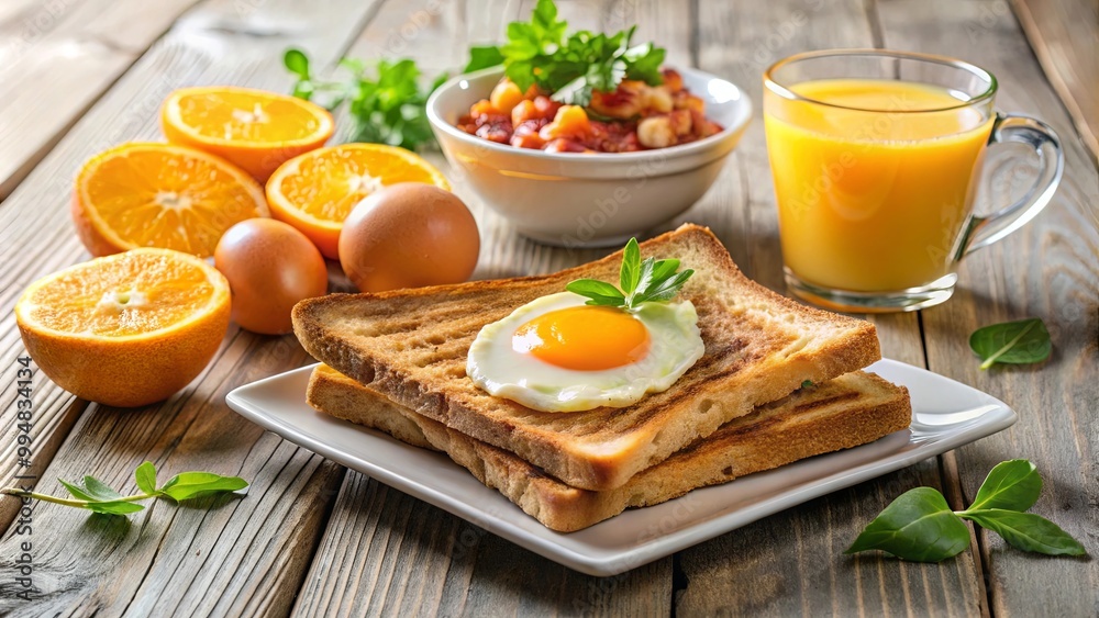A Simple Breakfast with Toasted Bread, a Fried Egg, Orange Slices, and a Glass of Orange Juice A Simple Breakfast with Toasted Bread, a Fried Egg, Orange Slices, and a Glass of Orange Juice