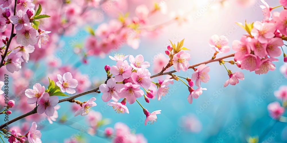 Delicate pink blossoms in full bloom against a vibrant blue sky, bathed in the warmth of the sun's rays. Delicate pink blossoms in full bloom against a vibrant blue sky, bathed in the warmth of the sun's rays.