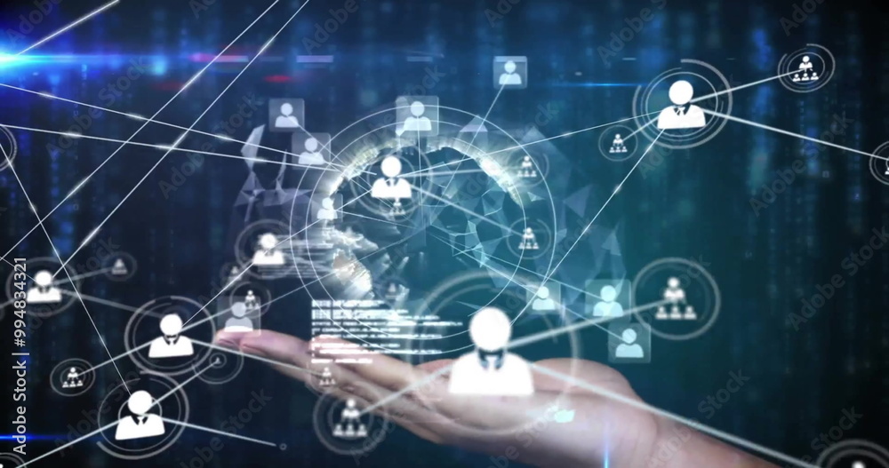 Image of network of connections with people icons over globe and hand Image of network of connections with people icons over globe and hand