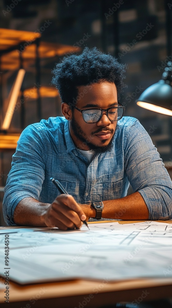 Focused student with curly hair and glasses diligently working on architectural drawings in a warm-lit studio, embodying dedication and creativity. Focused student with curly hair and glasses diligently working on architectural drawings in a warm-lit studio, embodying dedication and creativity.