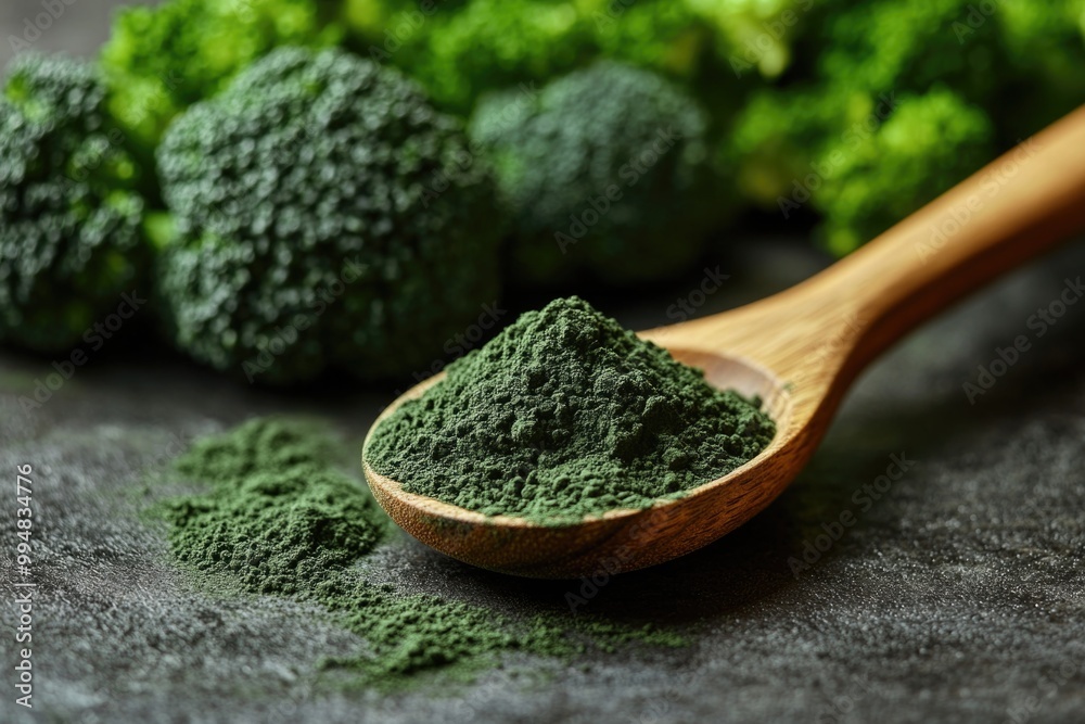 Embrace Healthy Eating: Wooden Spoon and Green Powder Next to Fresh Broccoli for Nutritious Meals Embrace Healthy Eating: Wooden Spoon and Green Powder Next to Fresh Broccoli for Nutritious Meals